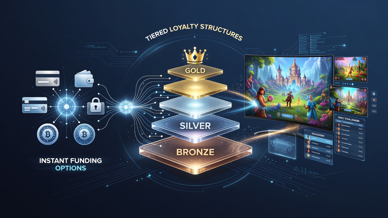 Illustratie van instant funding opties verbonden met loyaliteitsstructuren in digitale gaming