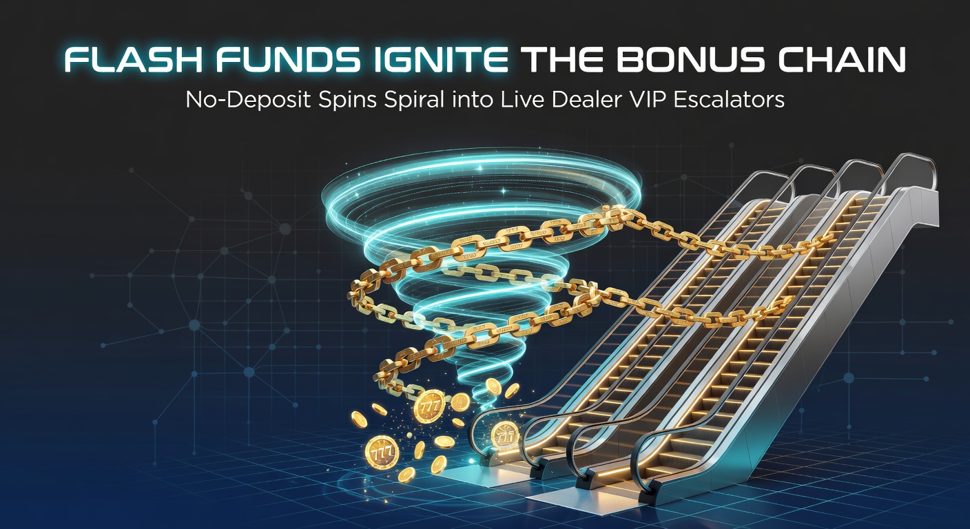 Grafische weergave van snelle fondsen die bonusketens activeren, met spiralende gratis spins naar VIP live dealer tafels