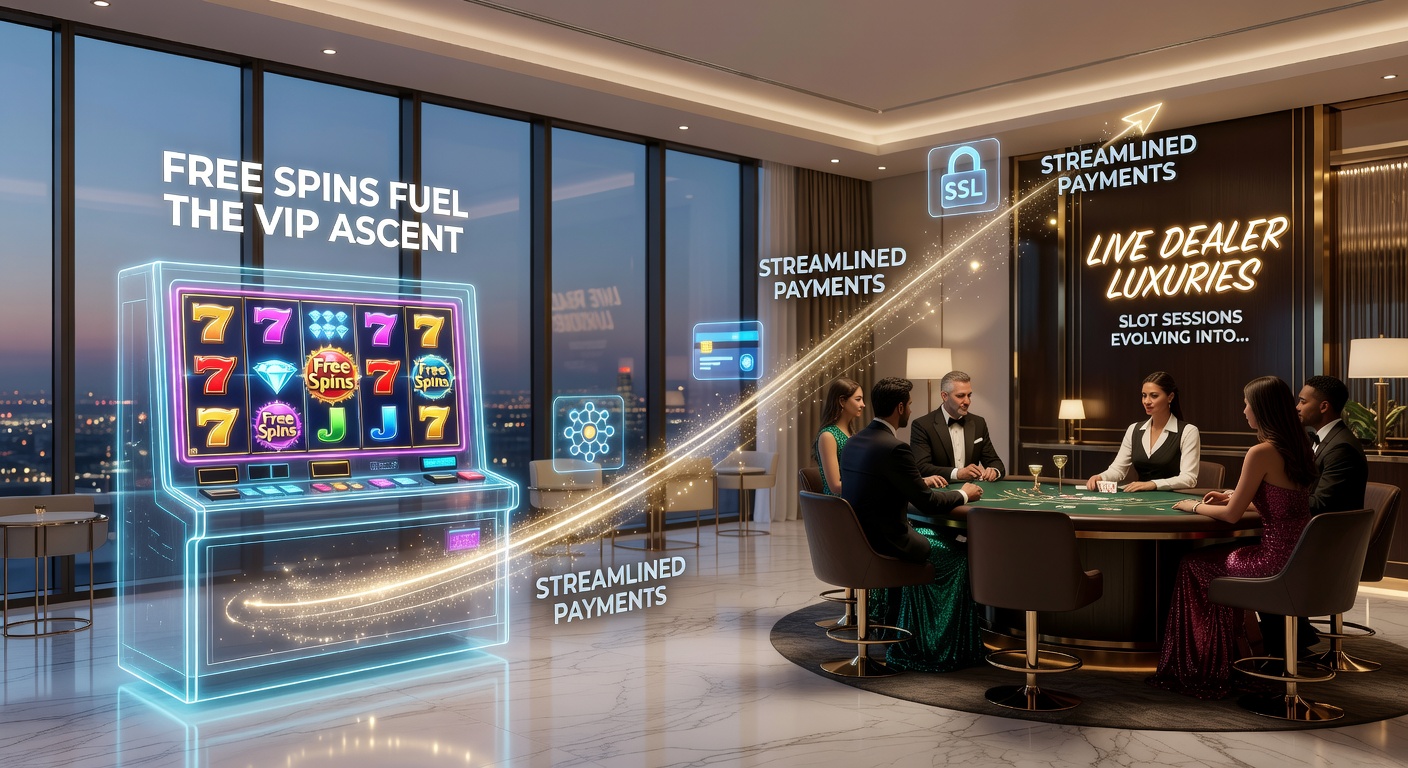 Speler geniet van gratis spins op een slotmachine, met VIP-laddersymbolen op de achtergrond die leiden naar een live dealer tafel