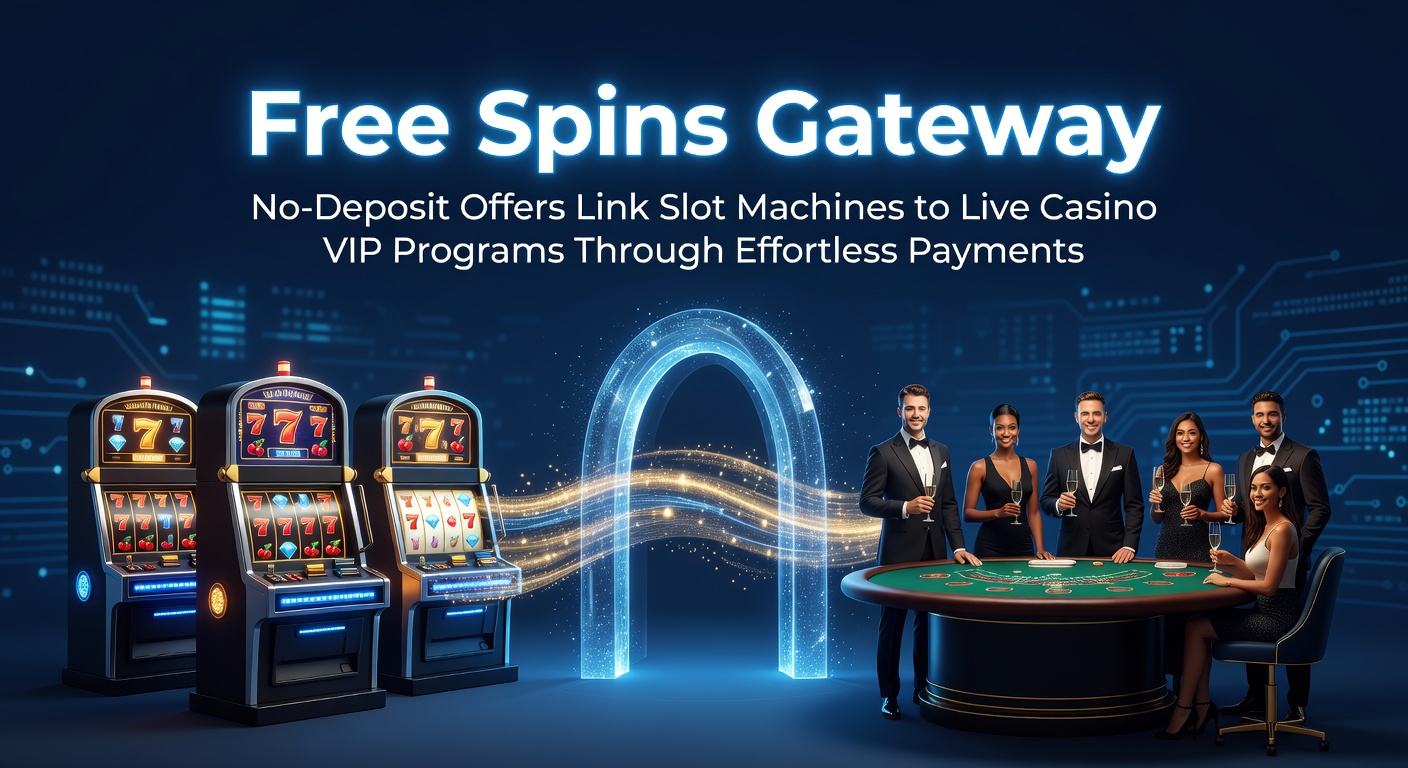 Grafische weergave van een poort met gratis spins die leiden naar luxueuze live casino VIP-ruimtes, verbonden door digitale betaalstromen