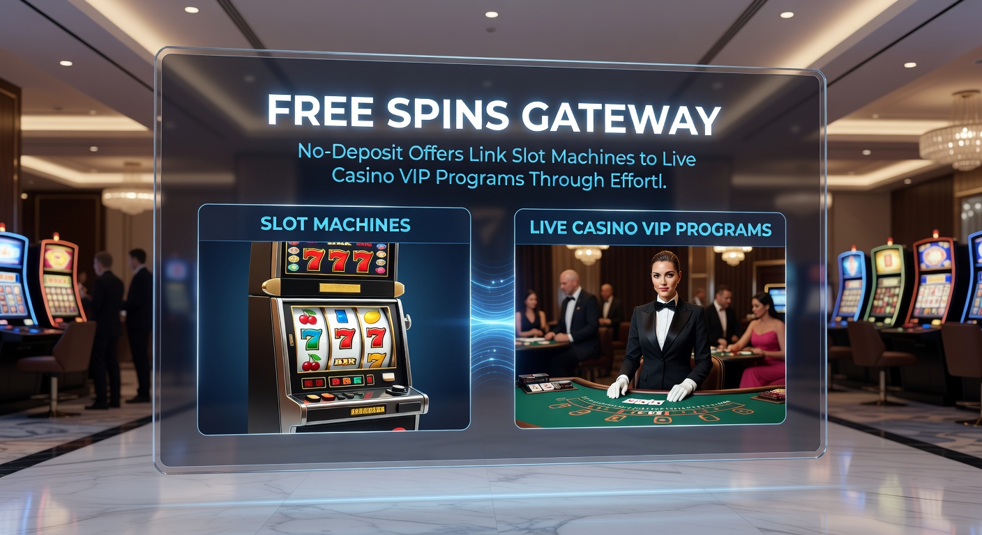 Illustratie van naadloze betaalstromen die free spins-winsten doorsluizen naar VIP live casino sessies met gouden munten en kaarten