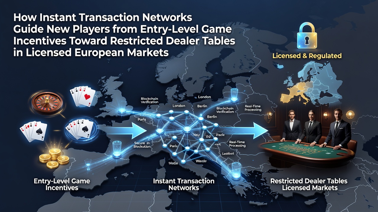 Illustratie van transactie netwerken die spelers van basisbonussen naar live dealer tafels leiden in Europese casino's