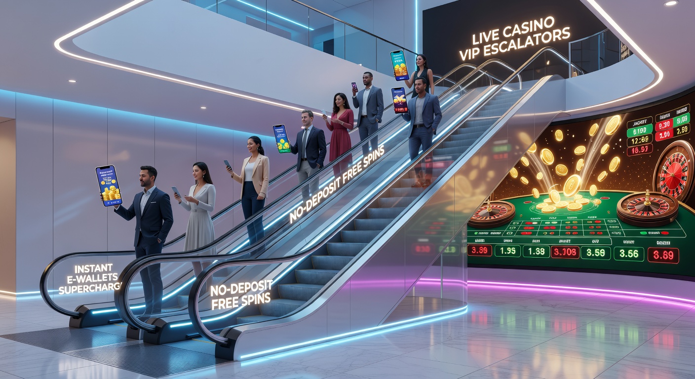 Grafiek met pijlen die free spins, e-wallet transacties en VIP-levels verbinden in een live casino interface