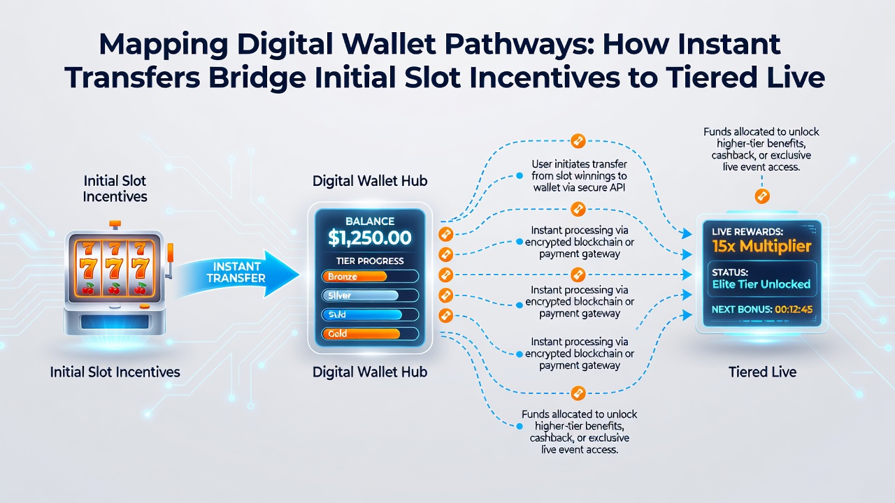 Flow diagram van wallet transfers die slot incentives verbinden met live dealer VIP toegang