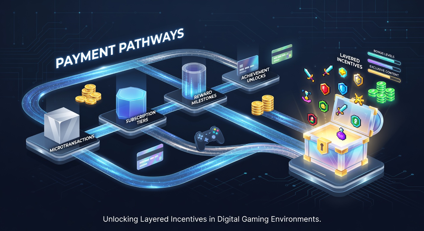Illustratie van betalingstrajecten in digitale gaming omgevingen met iconen van transacties en beloningslagen