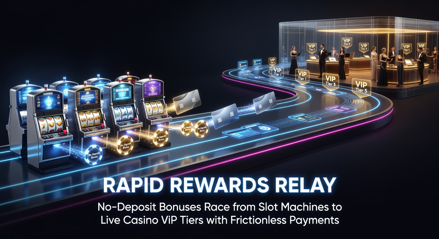Grafische weergave van een bonusestafette die no-deposit bonussen van slots doorstuurt naar live casino VIP-niveaus met snelle pijlen voor betalingen