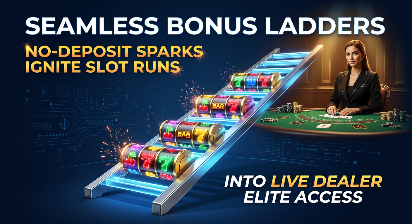 Grafische weergave van een bonusladder die begint bij no-deposit spins en escaleert naar live dealer VIP-tafels met gouden trappen en slotsymbolen