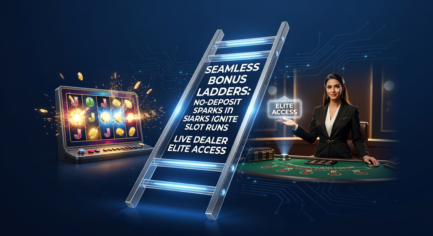 Voorbeeld van een digitale bonusladderinterface met slots die overgaan in live dealer symbolen, inclusief voortgangsbalken en VIP-mijlpalen