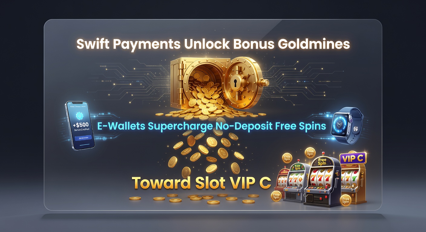 Afbeelding van een VIP-kroon boven een reeks slotmachines met vallende free spins en e-wallet iconen die goudmunten uitspugen