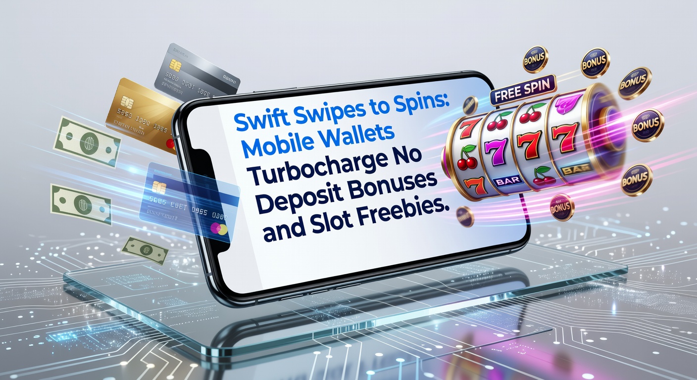 Smartphone met mobiele wallet app die een no deposit bonus activeert op een online slot spel, met snelle swipe-beweging en vallende free spins