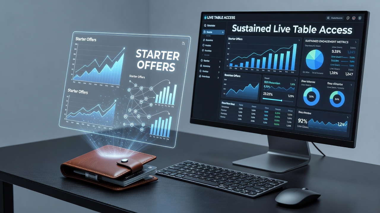 Illustratie van digitale portemonnee transacties die starterbonussen koppelen aan live casino tafels