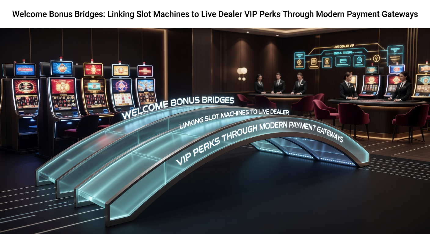 Grafische weergave van een brug die slotmachines verbindt met een luxueuze live dealer VIP-tafel, met digitale betaaliconen eroverheen