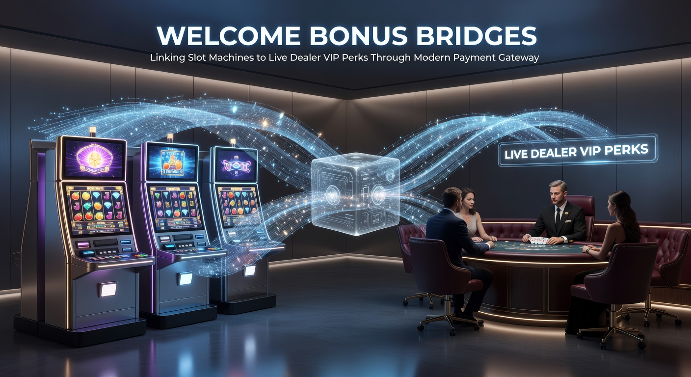 Digitale illustratie van een geldstroom die van een slotmachine naar een live dealer VIP-lounge leidt, met betaalpoort-symbolen als brugpijlers